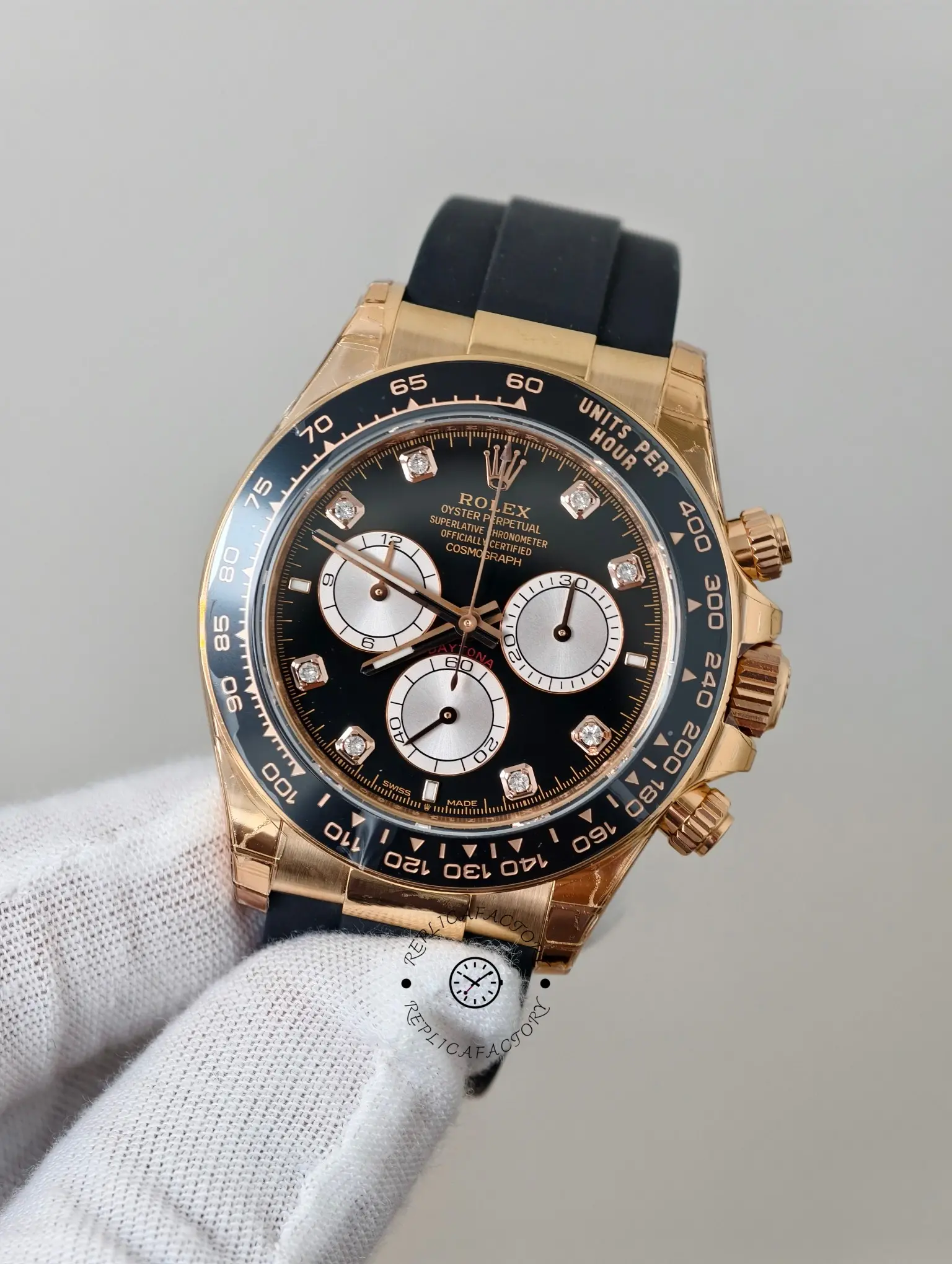 Three-quarter view of the Rolex Daytona 126515LN-0004 showing the black diamond dial and silver subdials.