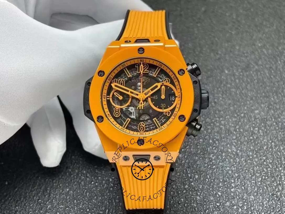 Front view of Hublot Big Bang Unico 441.CU.5910.RX on glove, orange ceramic case and skeleton dial.