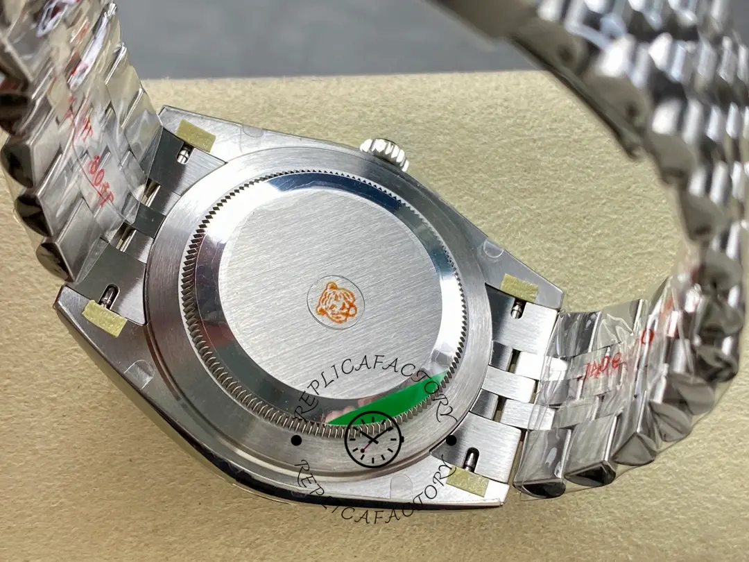 Caseback view of Rolex Datejust 126334-0022 showing the solid screw-down back and bracelet links.
