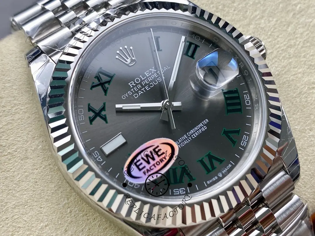 Angled close-up of Rolex Datejust 126334-0022 showing slate grey sunburst dial and green Roman numeral markers.