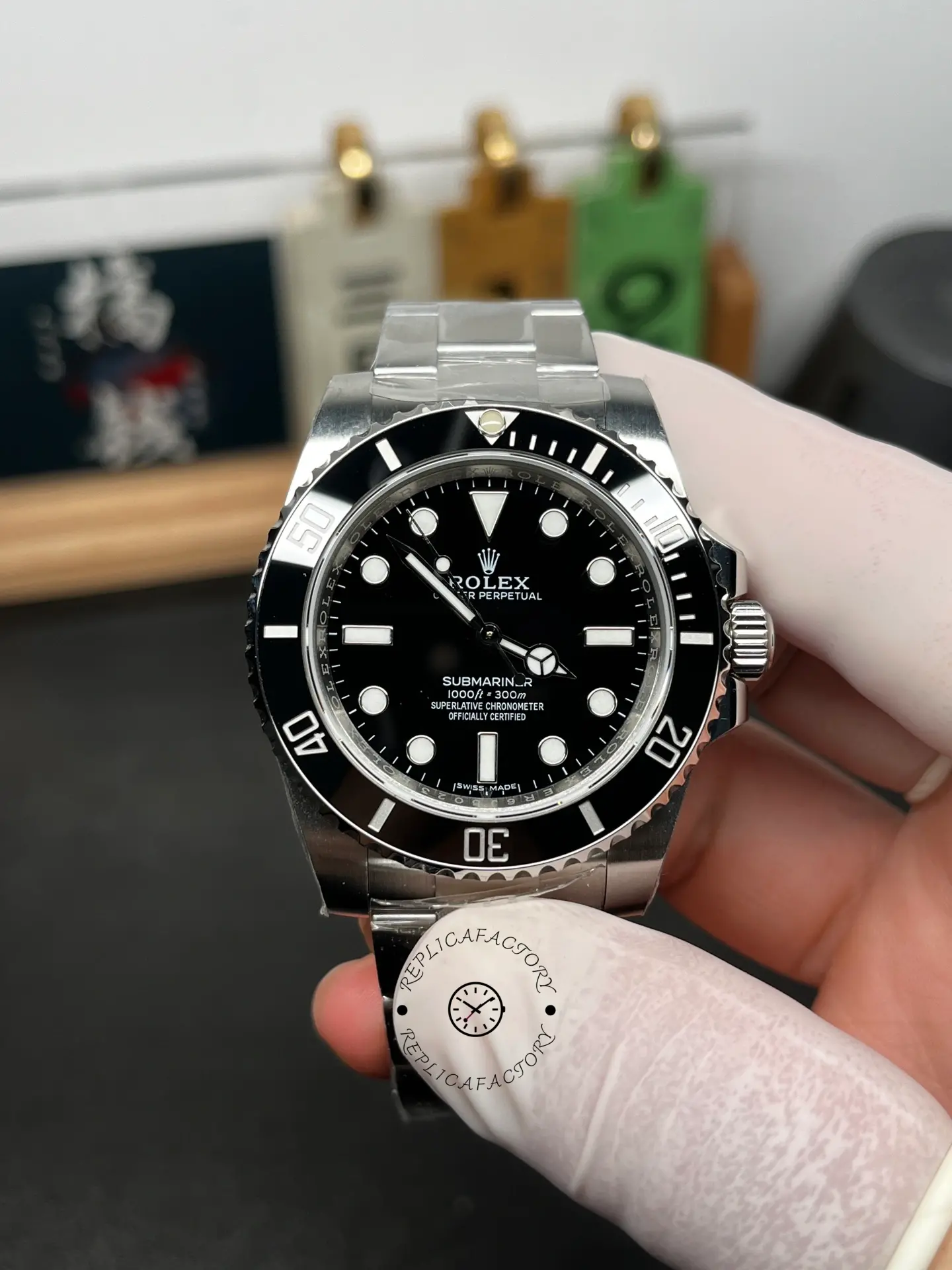 Front view of Rolex Submariner 124060 with black no-date dial, black bezel, and Oyster stainless steel bracelet.