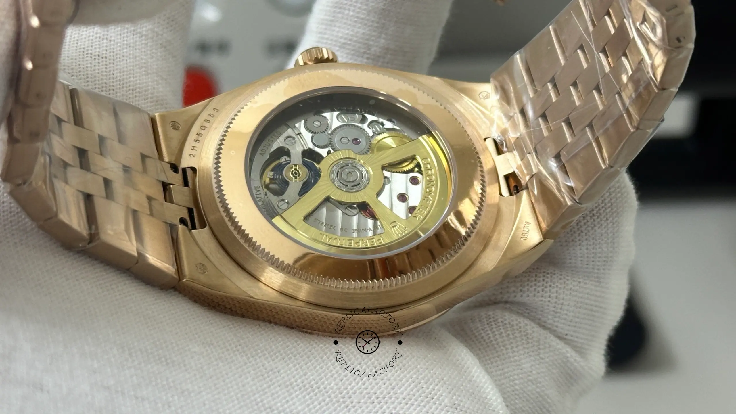 Close rear view of Rolex Land-Dweller M127235-0001 showing the visible movement through the transparent case back.