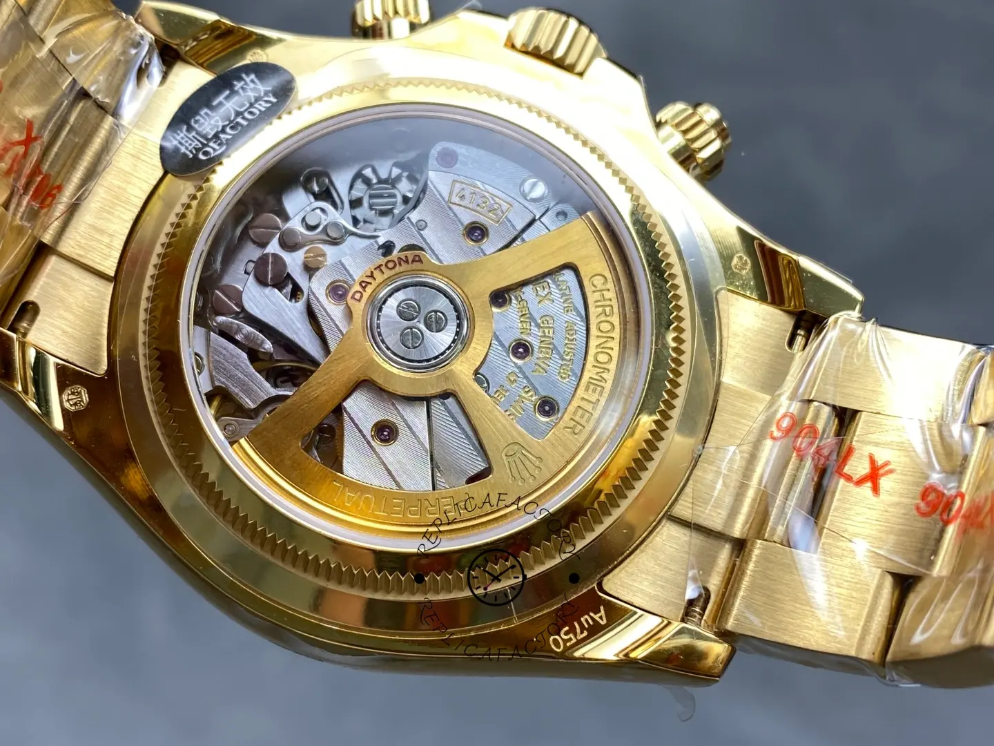 Exhibition caseback of Rolex 126528LN Daytona showing visible 4132-style movement architecture.