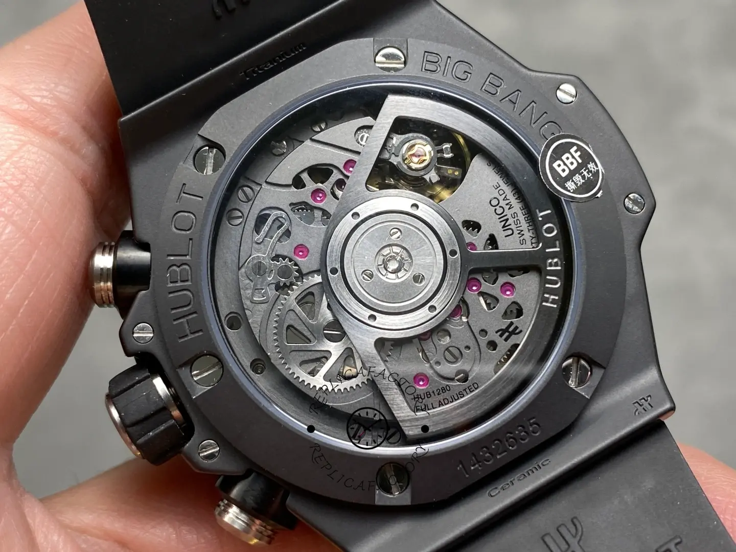 Caseback view of Hublot Big Bang Unico 441.CI.1171.RX showing exhibition back and rotor.