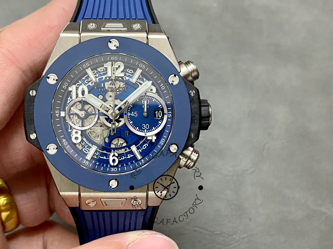 Front view of Hublot Big Bang 421.NL.5170.RX blue skeleton dial and titanium case.