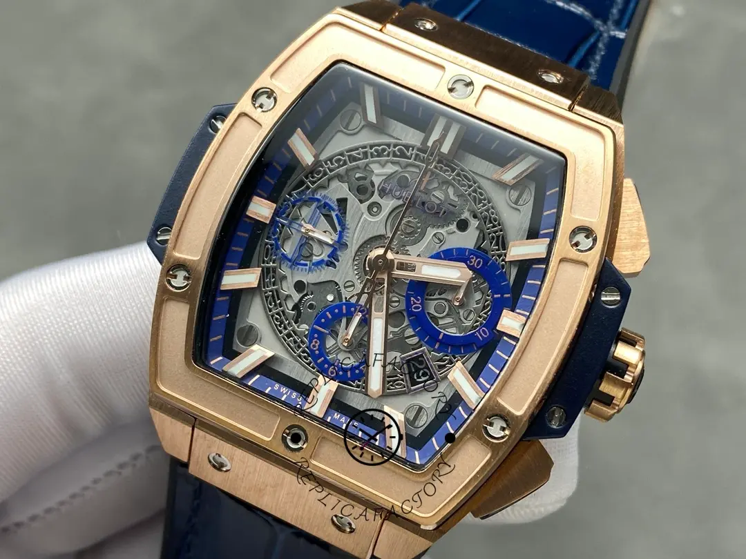 Side-tilted view of Hublot 601.OX.7180.LR emphasizing bezel screws and gold-tone case edges.