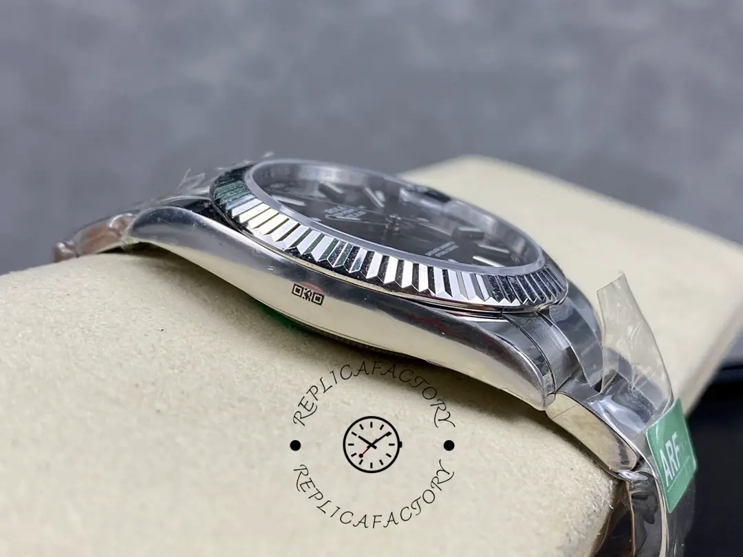 Opposite side view of Rolex Datejust M126334-0013 showing bezel edge and crystal profile.
