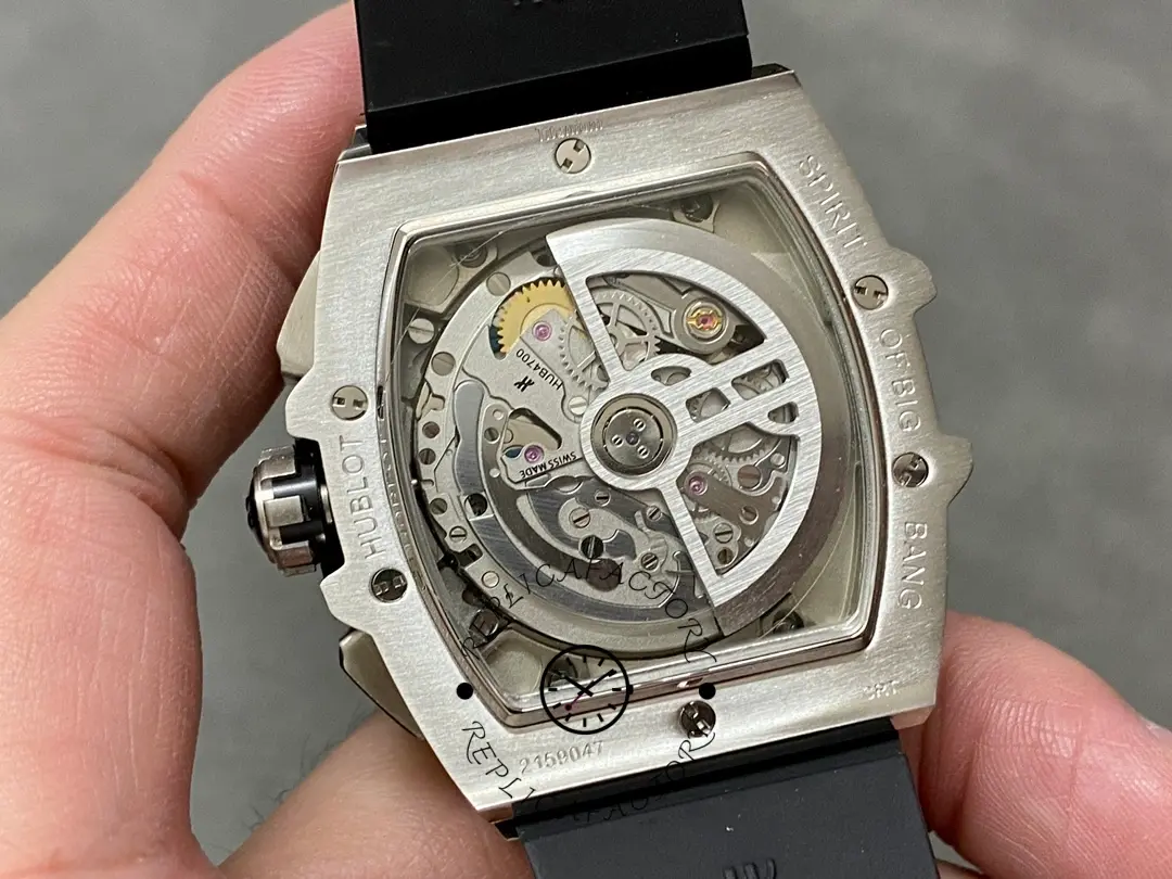Caseback view of Hublot 642.NL.7170.RX showing the exhibition back and rotor detail.
