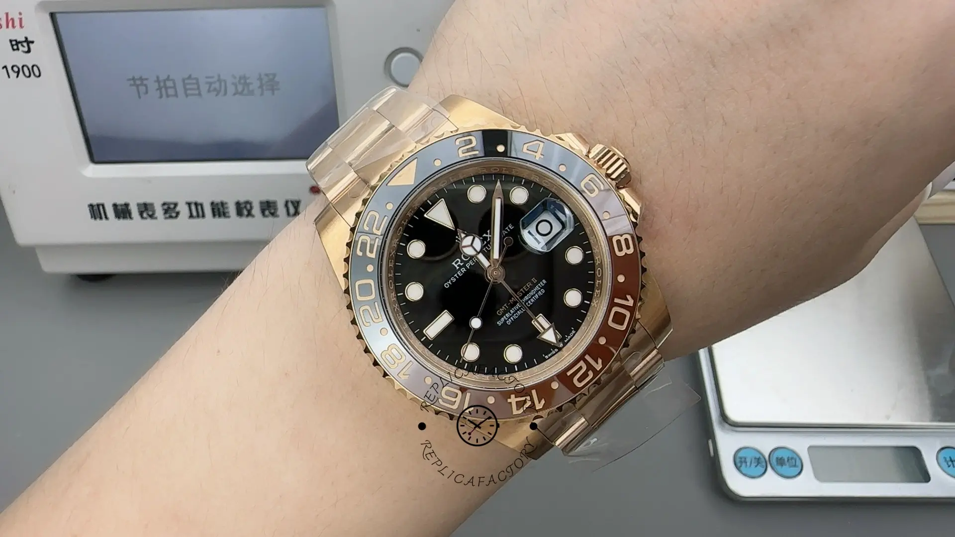Wrist shot of Rolex 126715CHNR showing full watch fit and Root Beer bezel