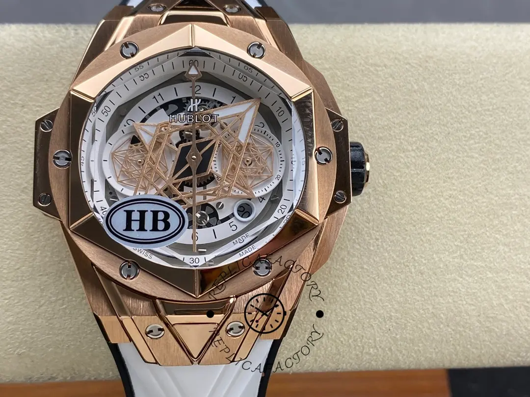 Front view of Hublot 418.OX.2001.RX.MXM20 showing geometric skeleton dial and white rubber strap.