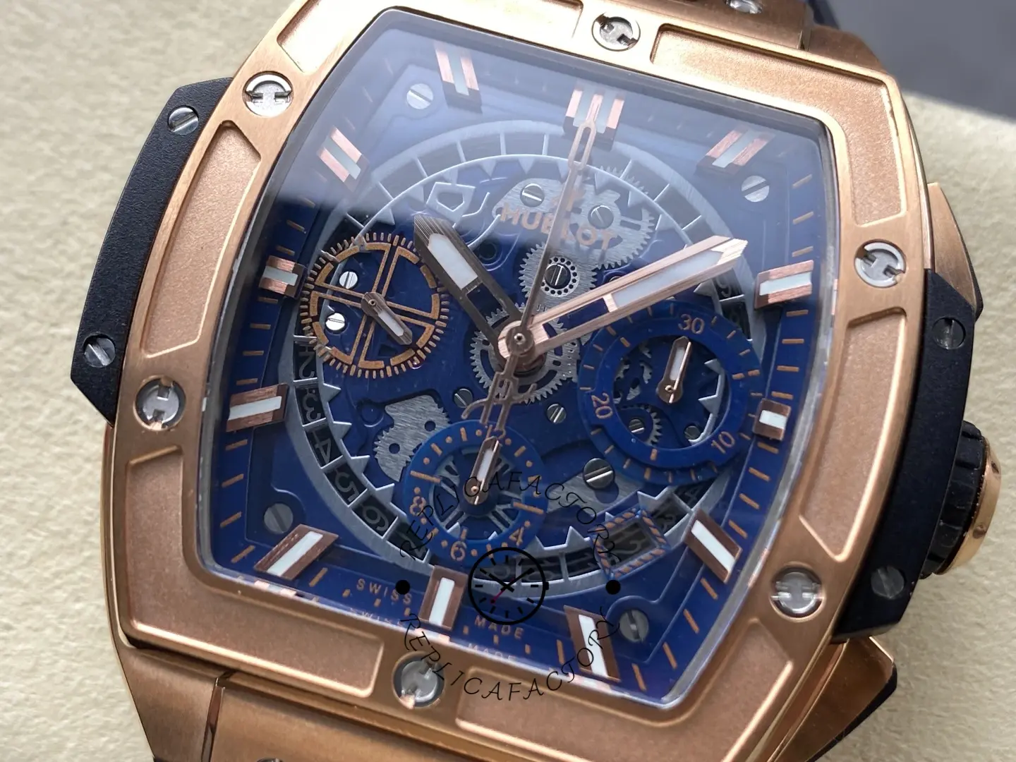 Three-quarter view of Hublot Spirit of Big Bang 642.OX.7180.RX showing bezel screws and chronograph layout.