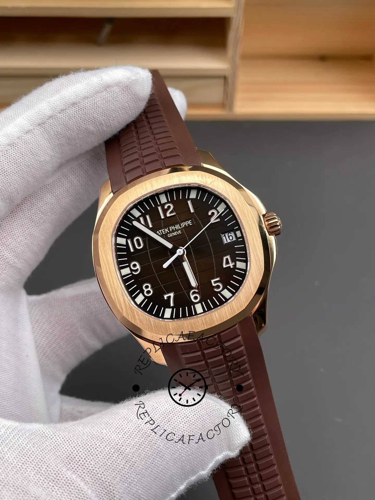 Patek Philippe Aquanaut 5167R-001 brown dial angled front view showing textured dial and rubber strap