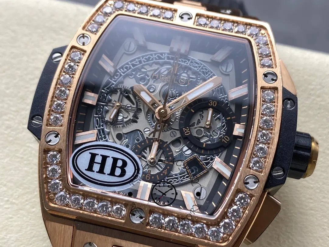 Angled close-up of Hublot 642.OX.0180.RX.1104 focusing on the diamond bezel, rose-tone markers, and subdials.
