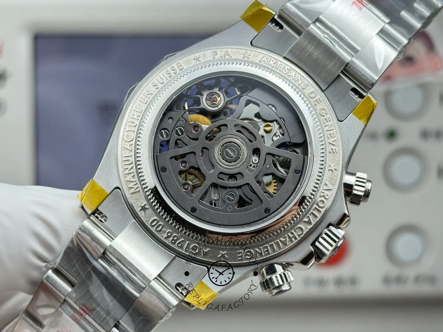 Back view of Rolex Daytona Arolla Glacier clear dial replica showing the exhibition caseback and visible movement.