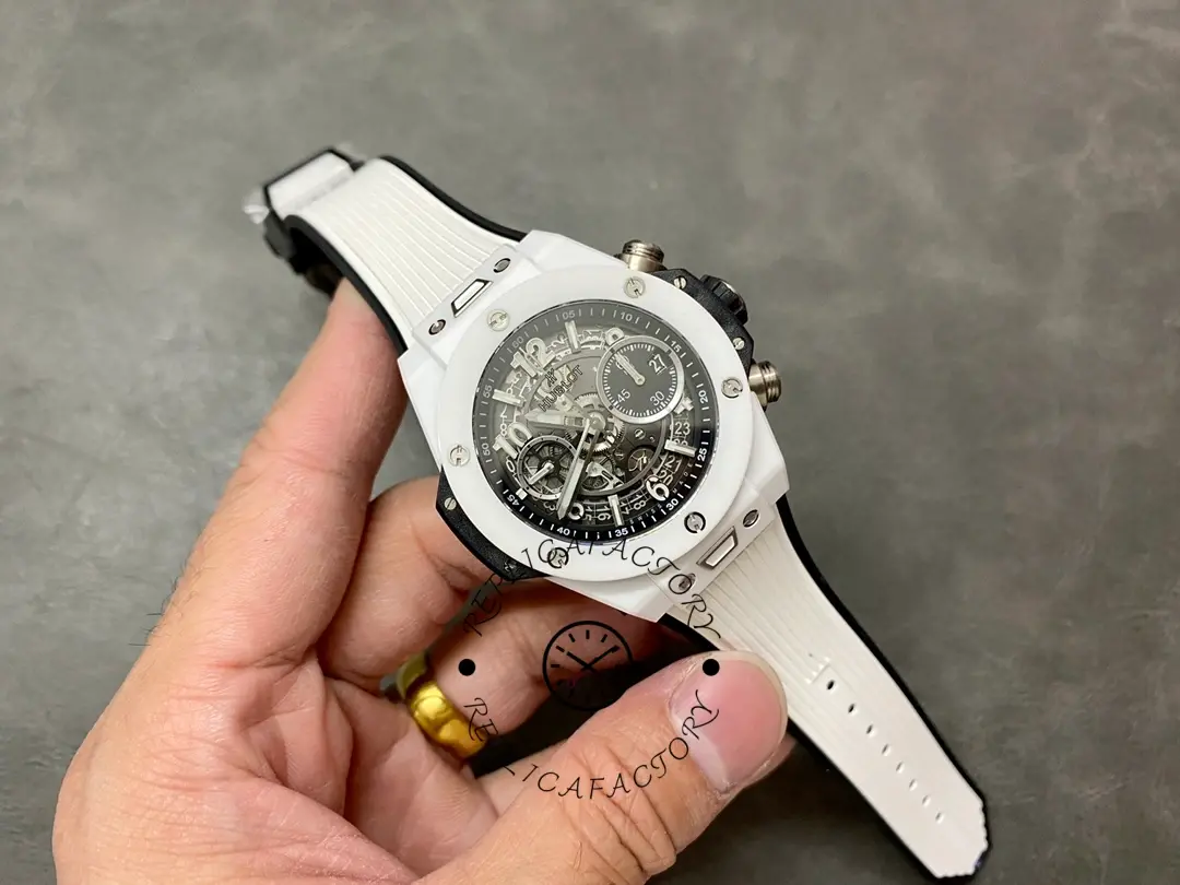 Full view of Hublot Big Bang 421.NL.5170.RX white ceramic case with skeleton dial.