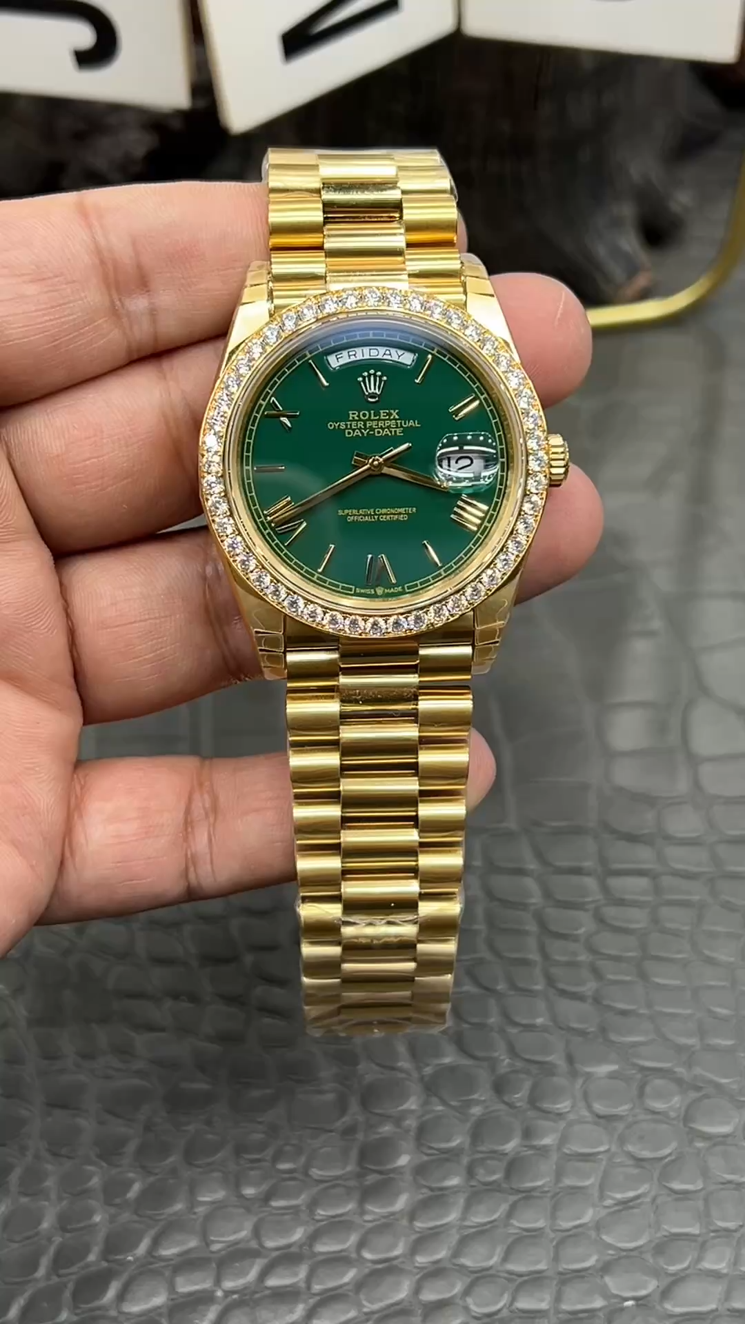 Rolex Day Date 40 18K Yellow Gold Green Dial Diamond Bezel M228348RBR 0040 Men's Watch - Video