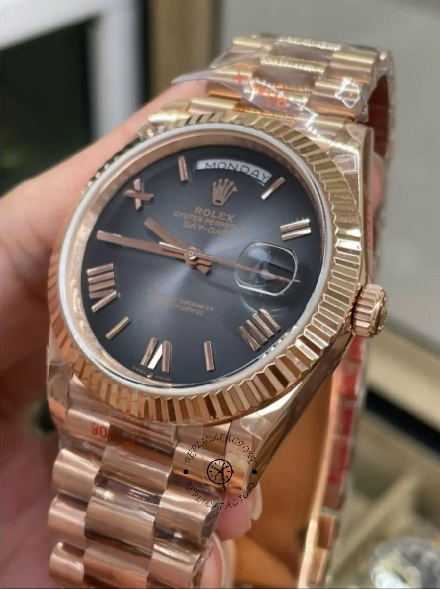 Close front view of Rolex Day-Date 40 M228235-0055 with day window, date magnifier, and Roman dial.
