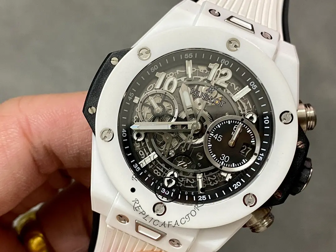 Angled view of Hublot Big Bang 421.NL.5170.RX white case showing crown and pushers.