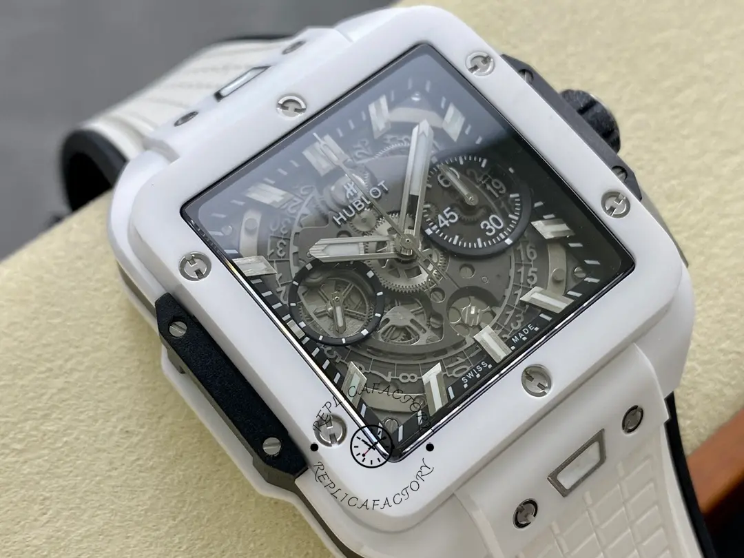 Angled close-up of Hublot Spirit of Big Bang 821.HX.0170.RX highlighting bezel and openworked dial.