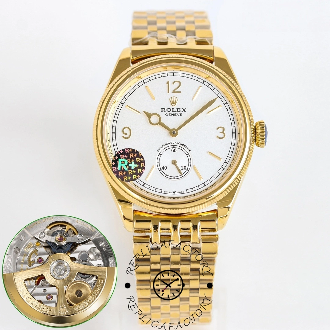 Front view of Rolex 1908 M52508-0008 1:1 clone featuring white dial, Arabic numerals, small seconds subdial, and gold Settimo bracelet.