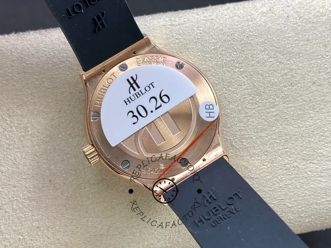 A close-up of the case back of the Hublot Classic Fusion King Gold 542.OX.1181.RX, showcasing the realistic case back and rubber texture.
