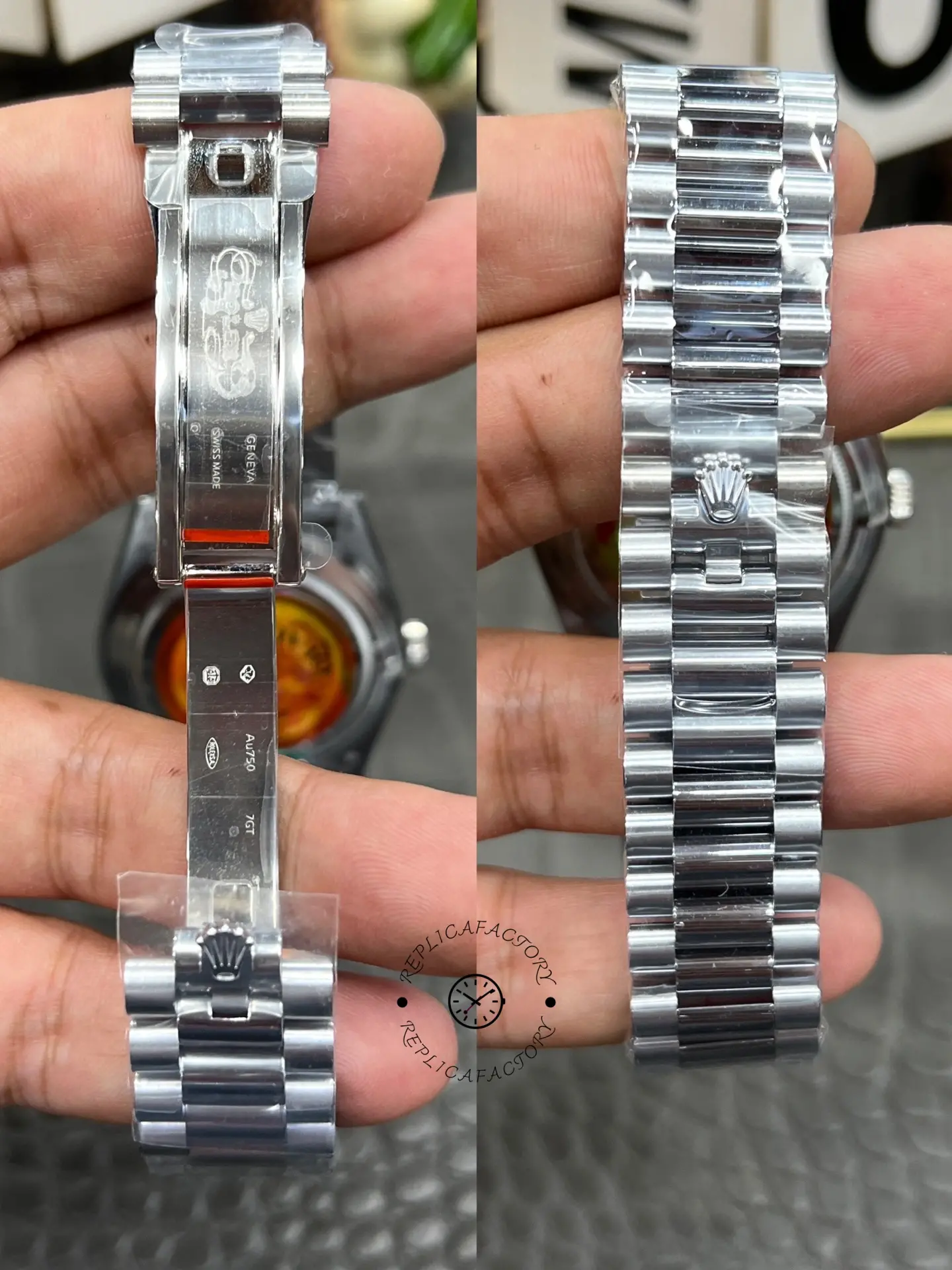 Clasp interior and bracelet view of Rolex Day-Date 228239-0076 showing inside clasp detail and outer links.