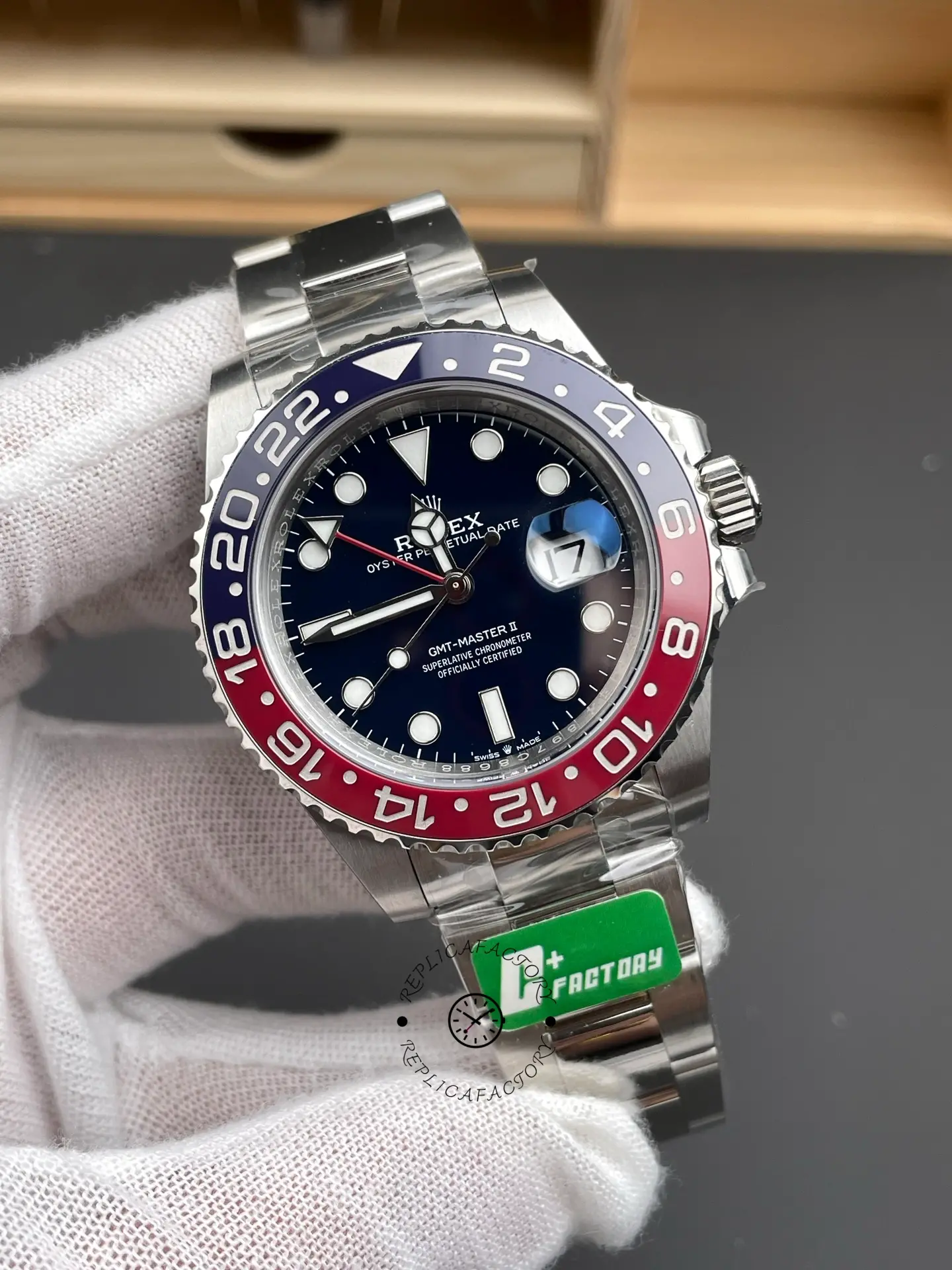 Front angled view of Rolex GMT-Master II 126719BLRO with blue dial, Pepsi bezel, and Oyster bracelet.
