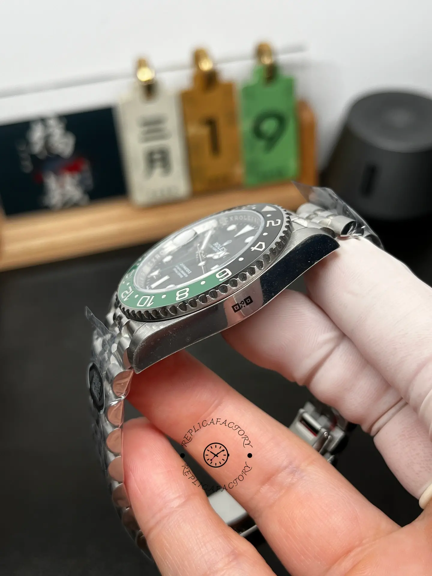 Side profile of Rolex GMT-Master II 126720VTNR showing the case thickness and green-black ceramic bezel.