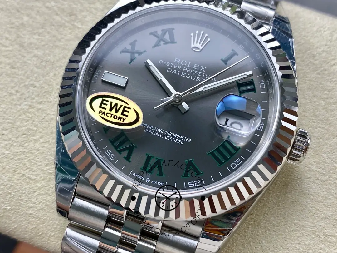 Close-up of Rolex Datejust 126334-0022 showing the Cyclops date window and fluted bezel.