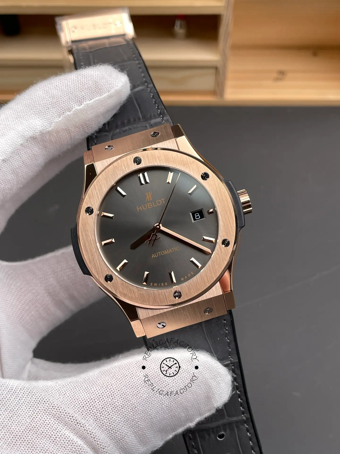 Angled dial view of Hublot Classic Fusion King Gold 542.OX.1181.RX 42mm highlighting brushed bezel screws.
