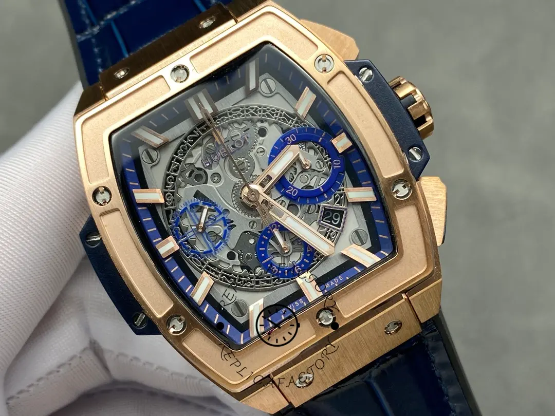 Angled close-up of Hublot 601.OX.7180.LR showing chronograph subdials and date window near 4:30.