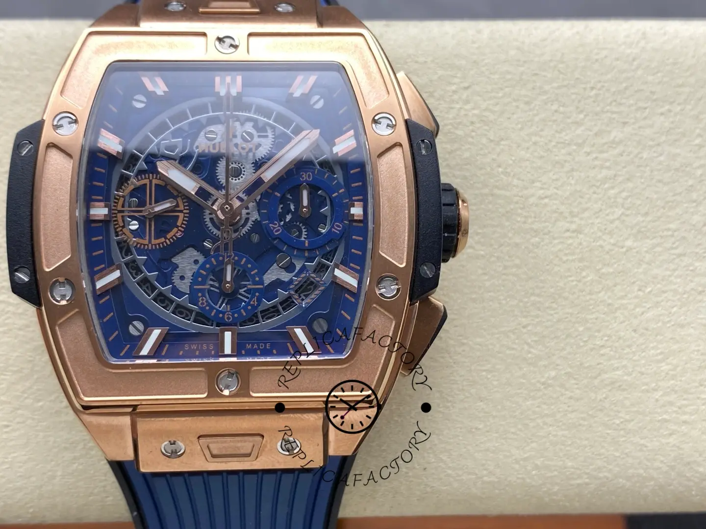 Close-up front of Hublot Spirit of Big Bang 642.OX.7180.RX showing tonneau case and skeleton dial details.