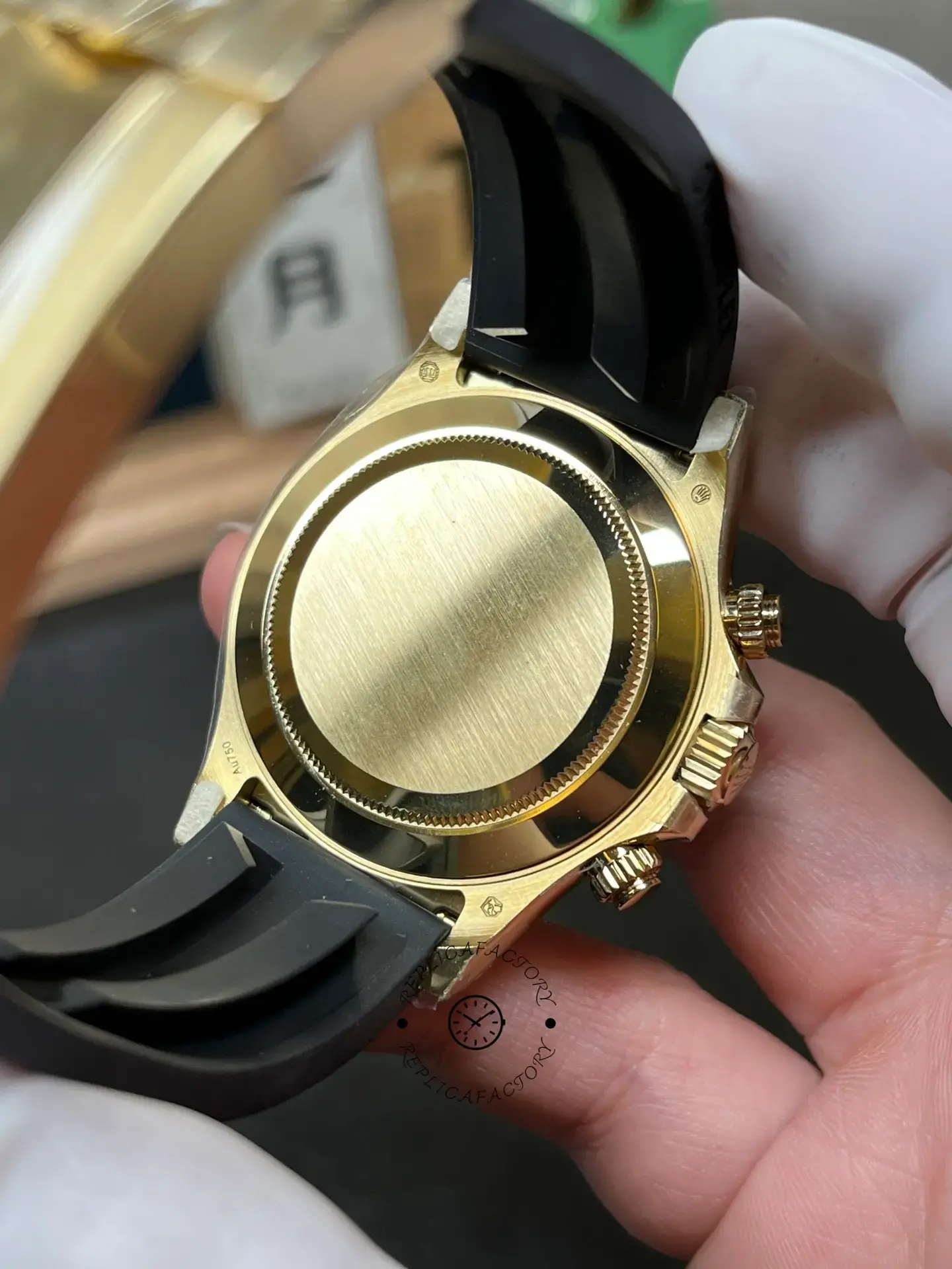 Case back view of Rolex Daytona 126518LN-0012 showing the solid back and black Oysterflex strap.