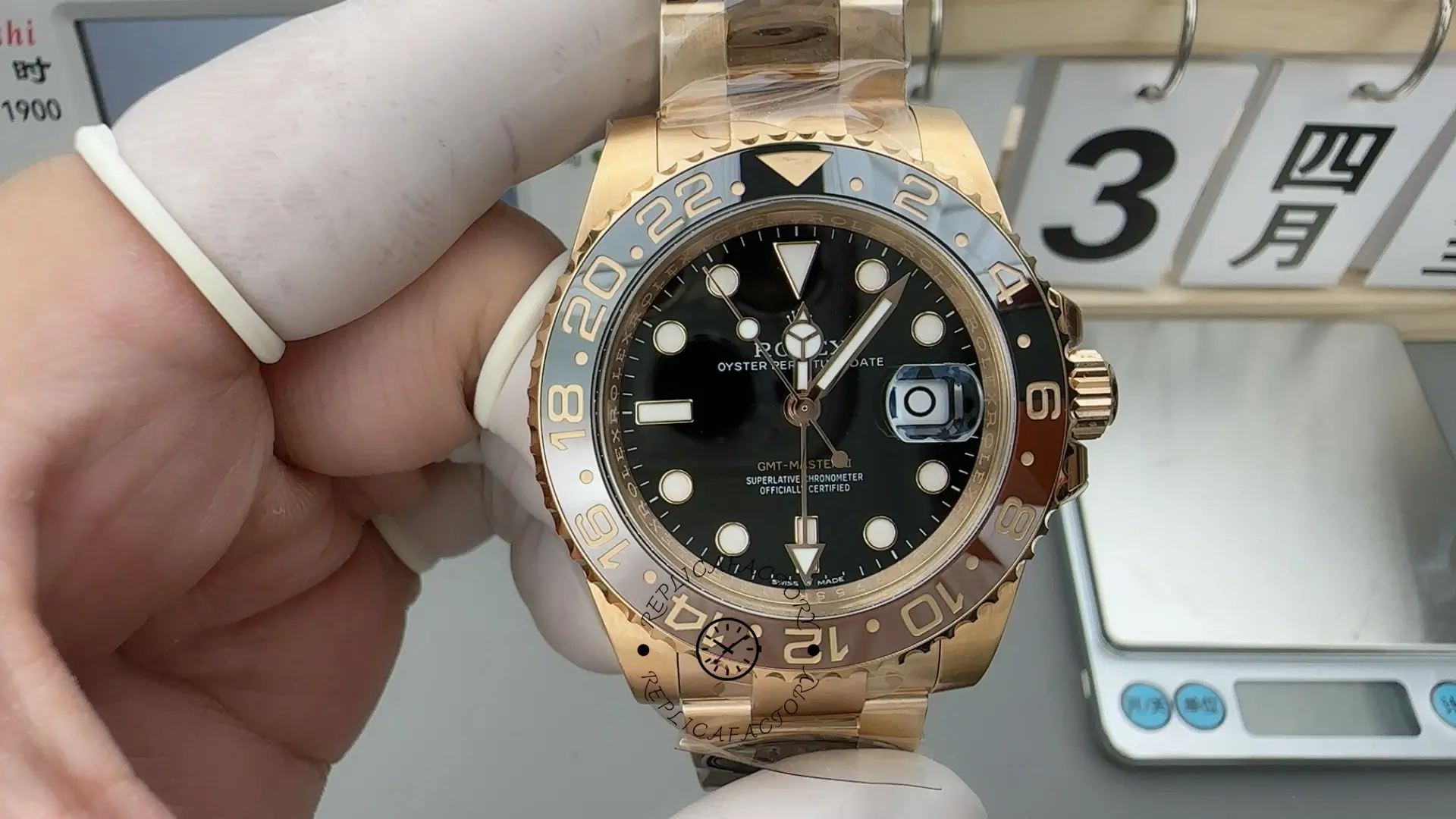 Front view of Rolex GMT-Master II 126715CHNR black dial showing ceramic bezel and date magnifier