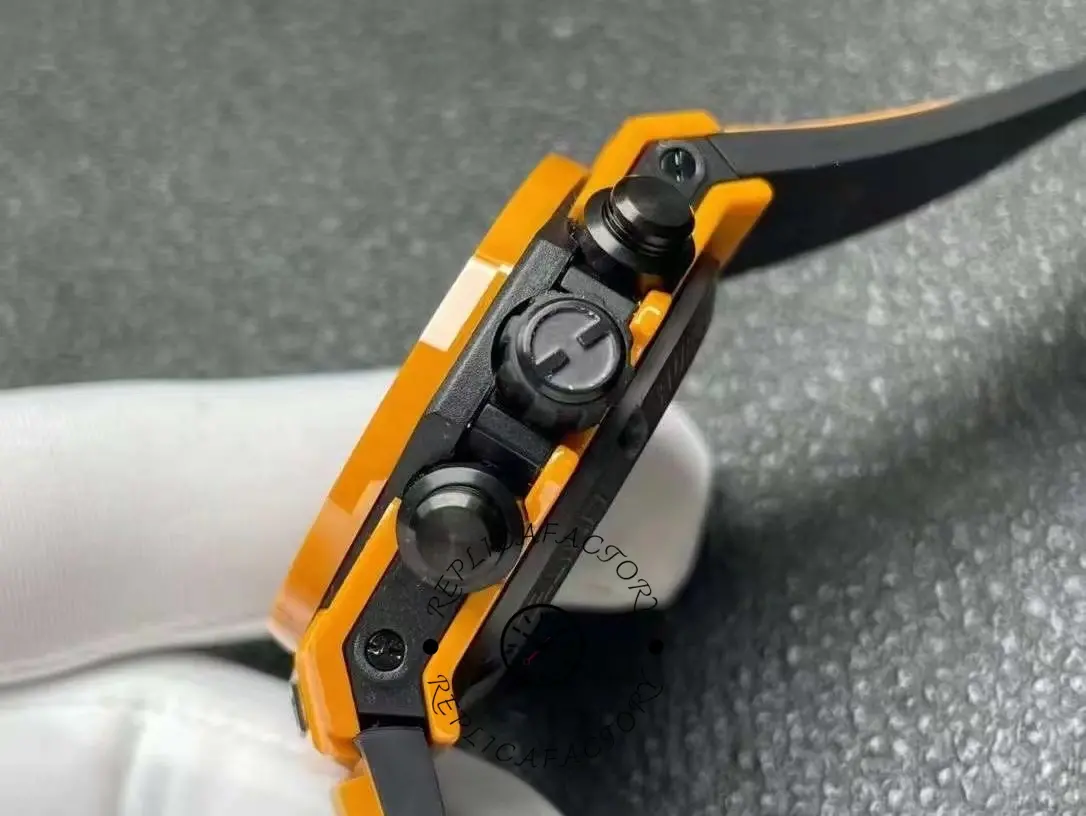 Side view of Hublot Big Bang Unico 441.CU.5910.RX showing crown guards and pushers on glove.