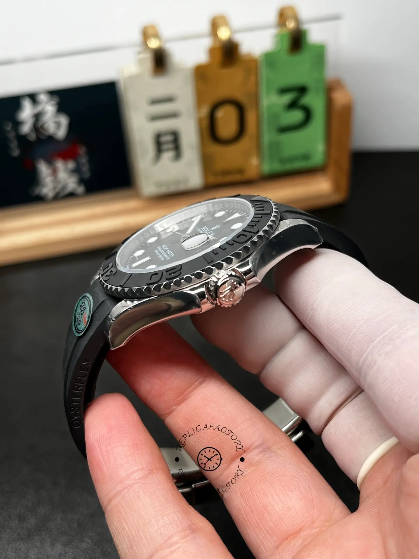 Side profile of Rolex Yacht-Master 226659 showing screw-down crown, case thickness, and bezel edge teeth.