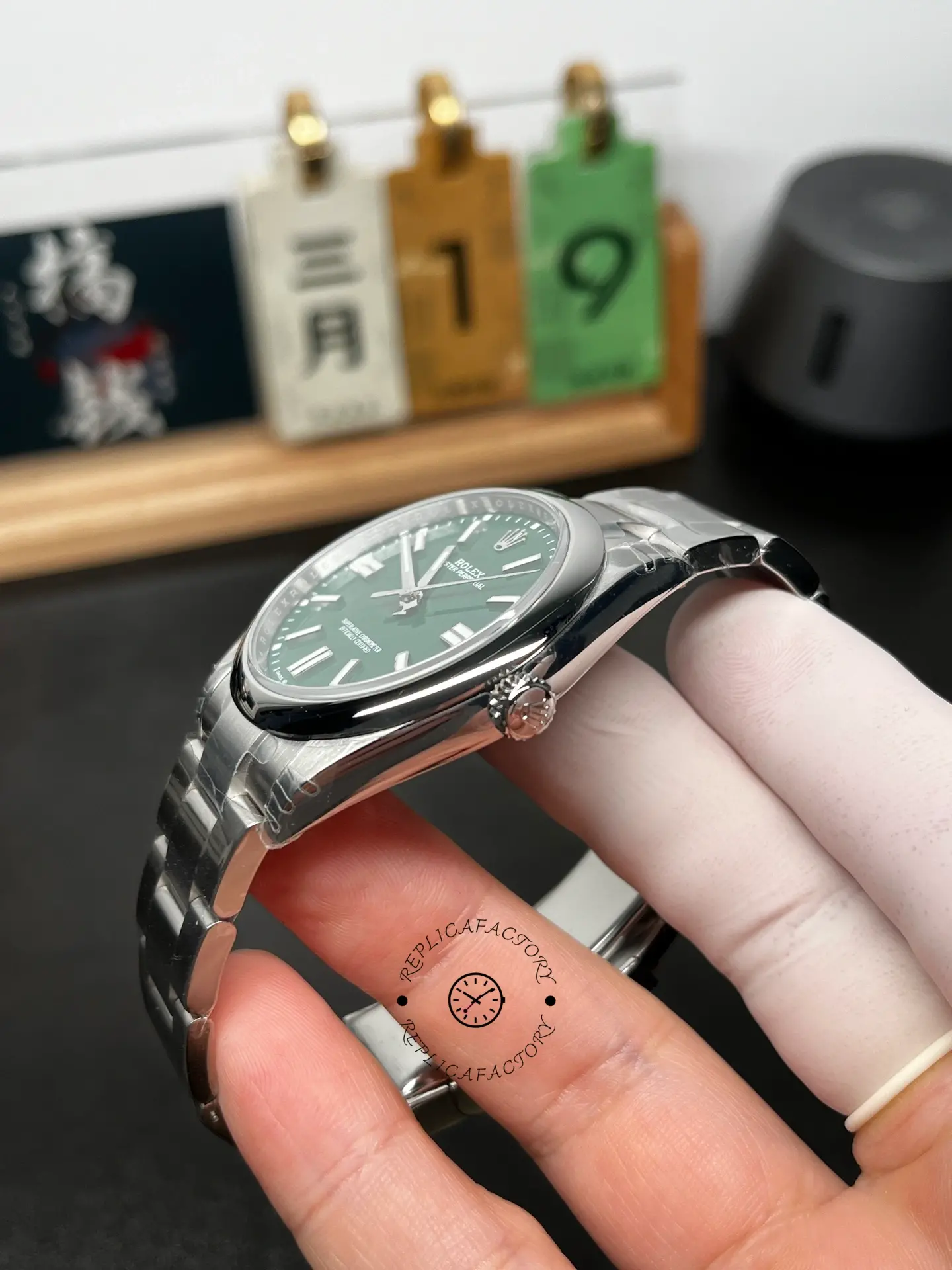 Side angle view of Rolex Oyster Perpetual 41 134300-0004 showing smooth bezel and crown profile.