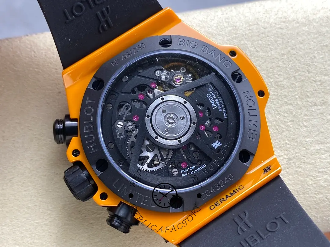 Caseback view of Hublot 441.CU.5910.RX showing the display back and rotor through the sapphire window.