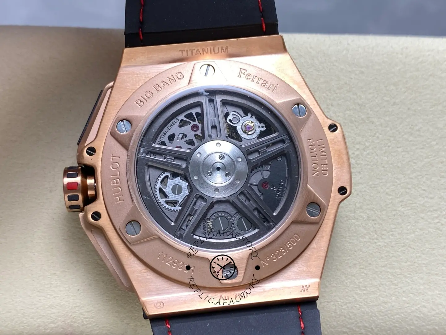 Caseback view of Hublot Big Bang Unico Ferrari 401.OX.0123.VR showing exhibition back and rotor.