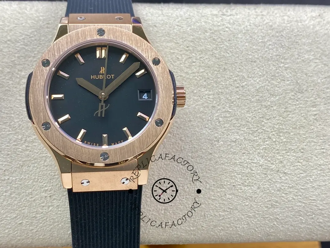 Front view on cushion of the Hublot Classic Fusion King Gold 542.OX.1181.RX, showing black dial shine.