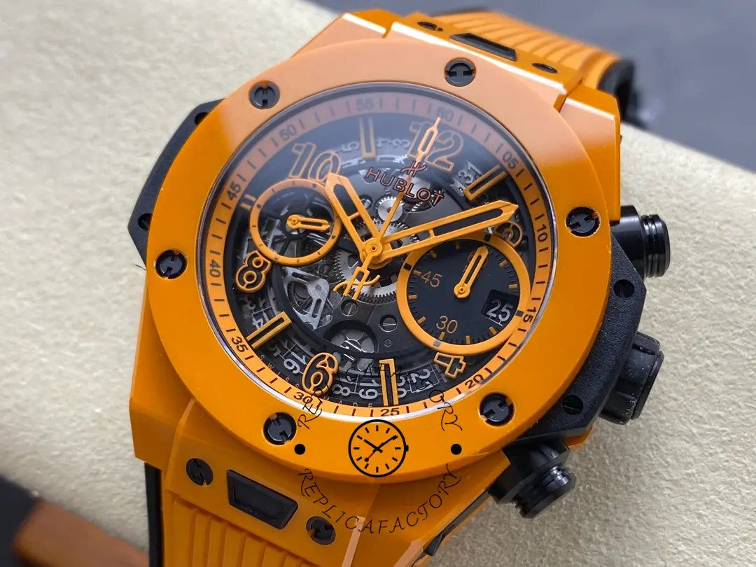 Three-quarter front shot of Hublot 441.CU.5910.RX highlighting orange ceramic case, bezel screws and skeleton dial depth.