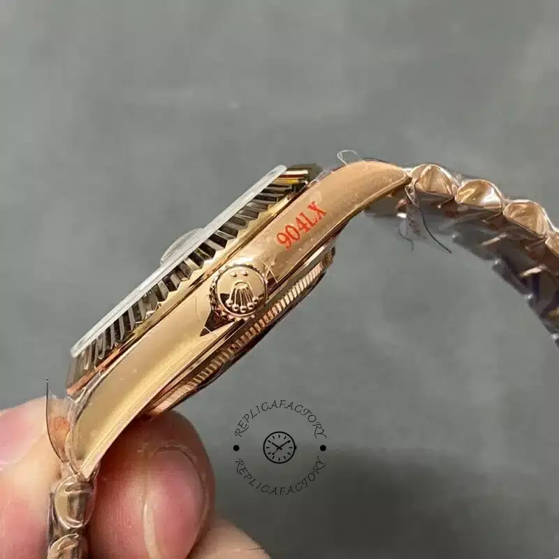 Crown-side profile of Rolex Day-Date 40 M228235-0055 showing the polished case and fluted bezel edge.