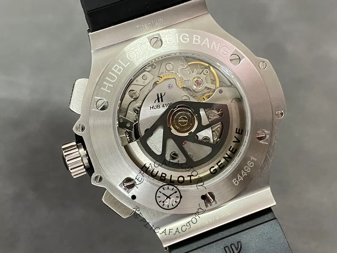 Caseback view of Hublot Big Bang 301.SB.131.RX showing exhibition back and rotor detail.