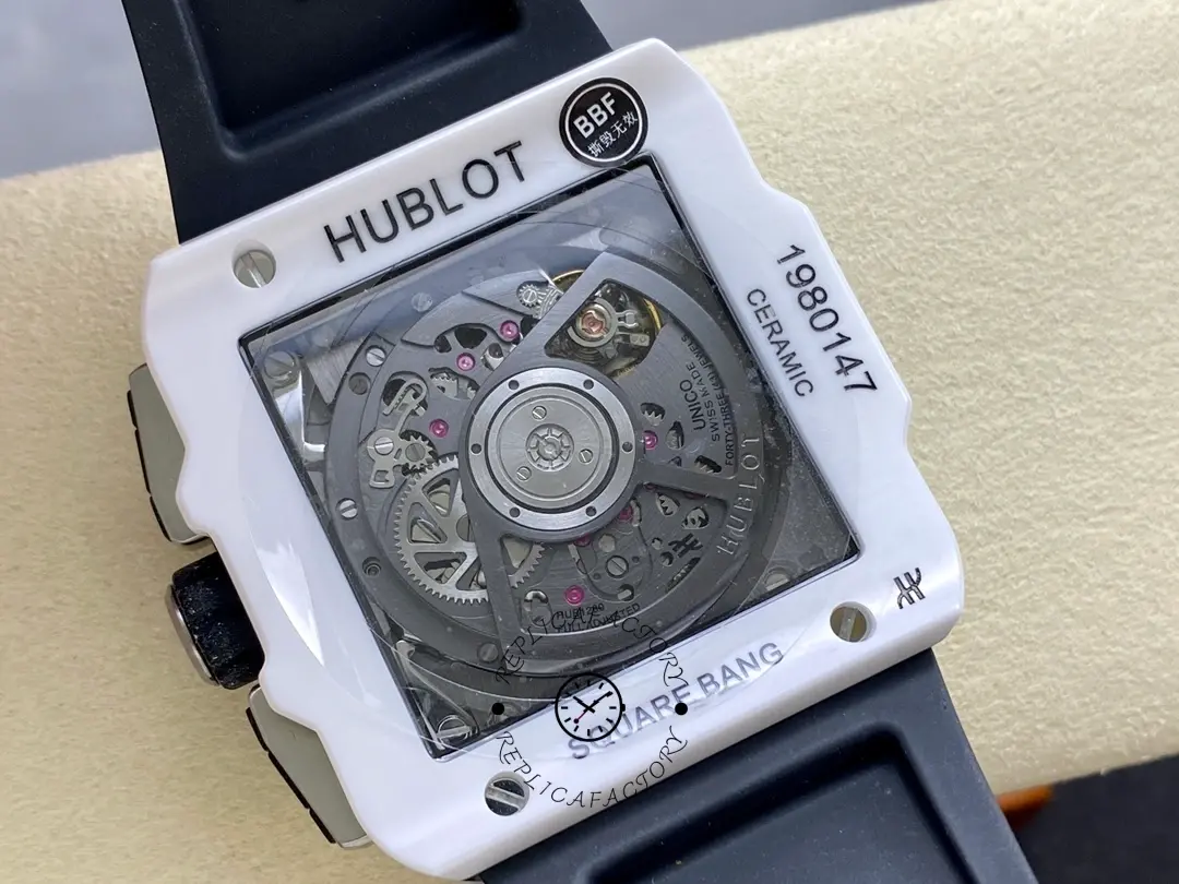 Caseback view of Hublot Spirit of Big Bang 821.HX.0170.RX showing transparent back and rotor.