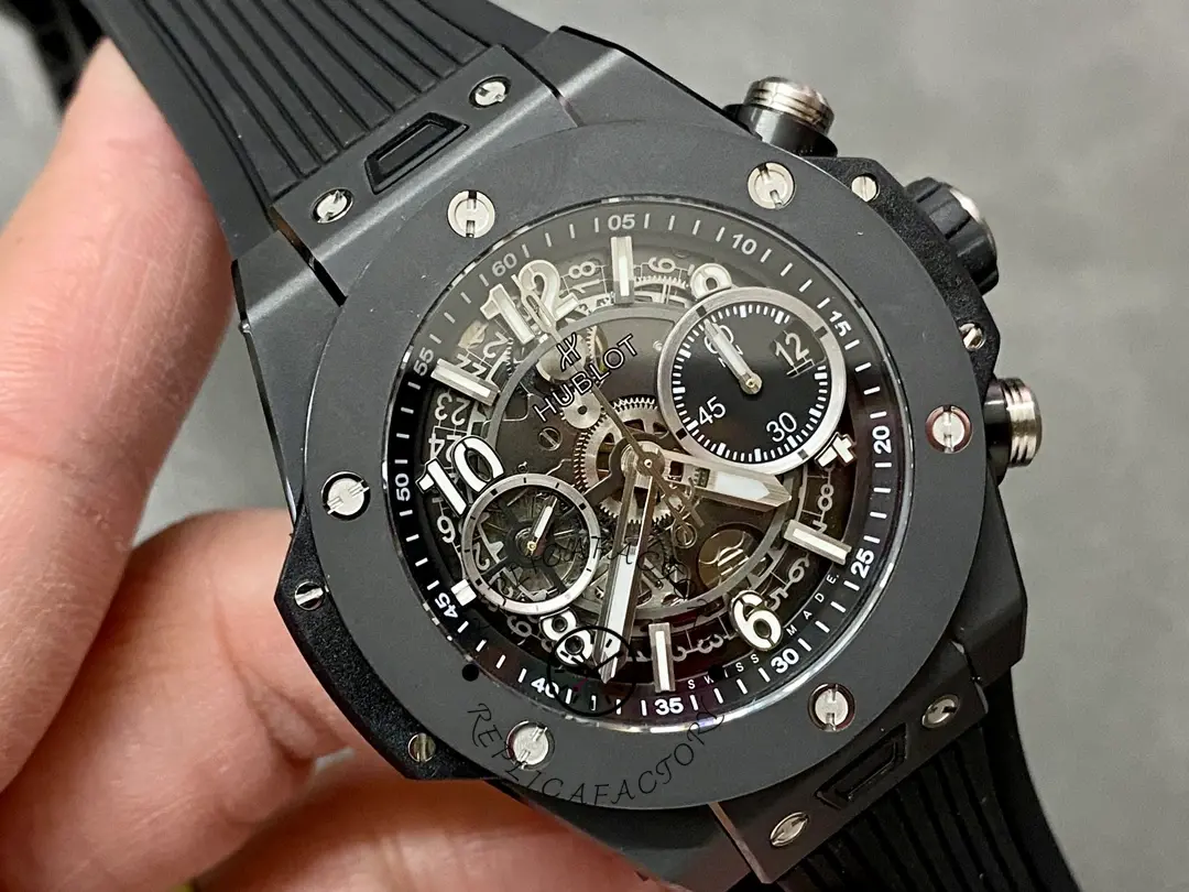 Angled view of Hublot Big Bang 421.NL.5170.RX black ceramic case and strap.