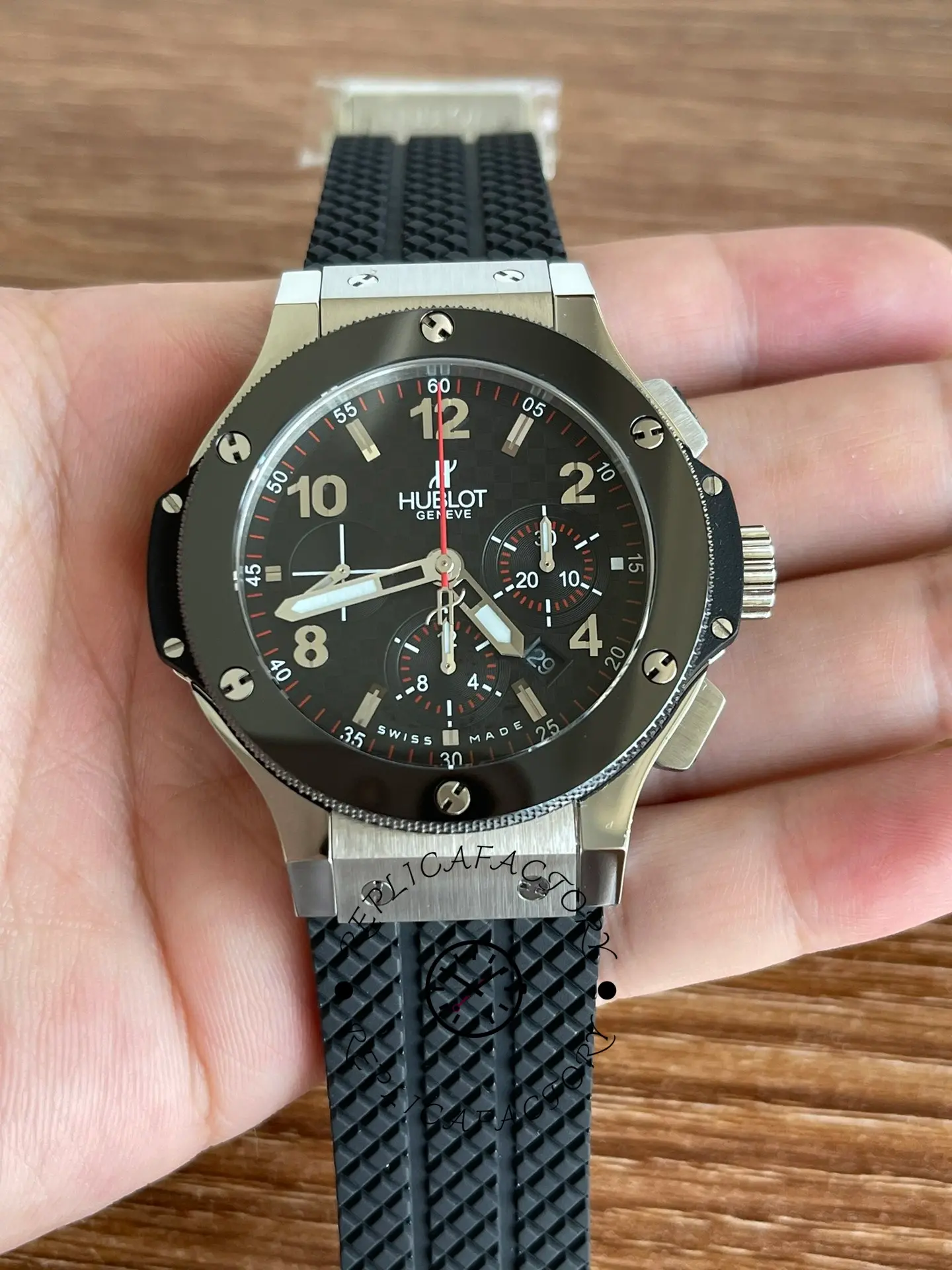 Wrist shot of Hublot Big Bang 301.SB.131.RX showing full 44mm presence and strap fit.