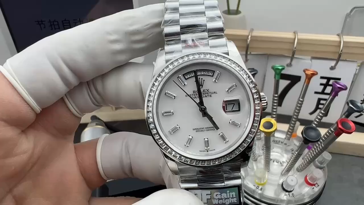 Rolex Day Date 36 MOP Dial Diamond Bezel Platinum m128396tbr 0022 - Video