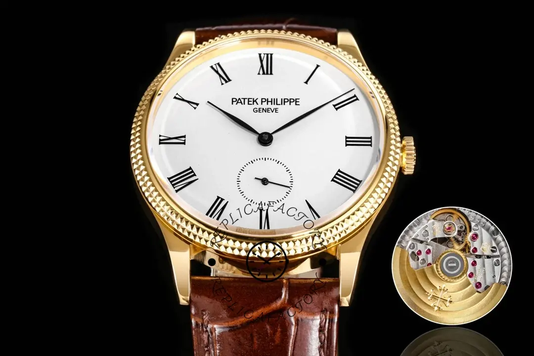 Patek Philippe 5119G-001 on brown leather strap, full dial view with coin-edge bezel detail.