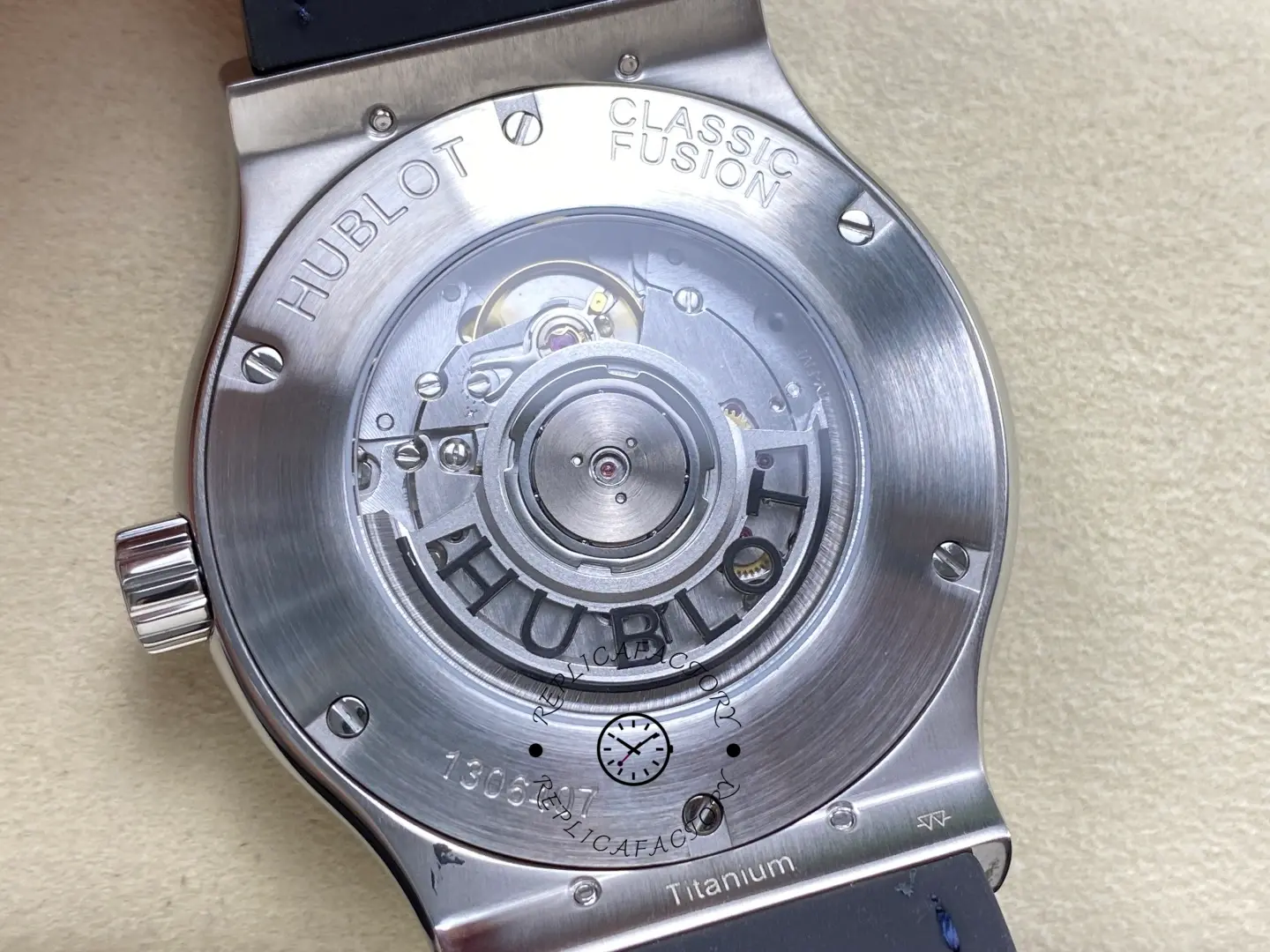 Caseback close-up of Hublot Classic Fusion 542.NX.7170.LR showing engraved back and center medallion.