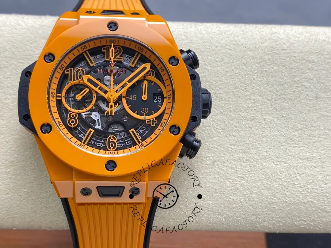 Front view of Hublot 441.CU.5910.RX with orange ceramic bezel and skeleton chronograph dial on orange rubber strap.